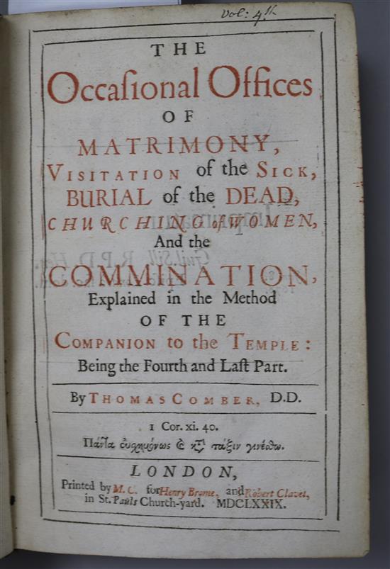 Comber, Thomas - The Occasional Offices of Matrimony, Visitation of the sick, 8vo, calf, London 1679
